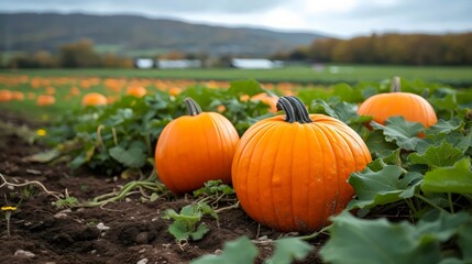 Obraz premium Three orange pumpkins are sitting on the ground in a field