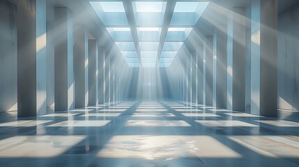 Sunlight Streaming Through Glass Ceiling in Modern Building Hallway