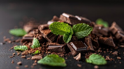 a pile of dark chocolate pieces adorned with fresh mint leaves, showcased in a close-up view against a sleek black background, evoking indulgence and freshness.