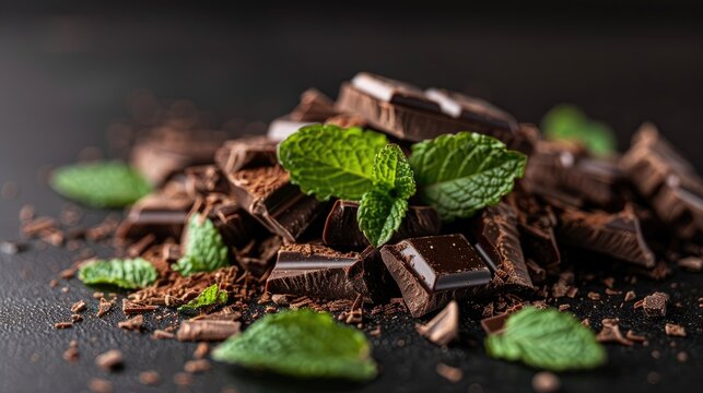 a pile of dark chocolate pieces adorned with fresh mint leaves, showcased in a close-up view against a sleek black background, evoking indulgence and freshness.