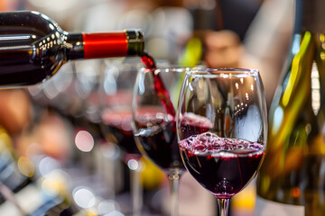 Red wine pouring into glass macro shot. Serving glasses of wine at a social gathering, reception. Bordeaux Wine Festival. Drink for party, wine shop or wine tasting concept. Wine tasting tourism.