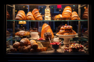 Delicious pastry display in a european bakery window at night