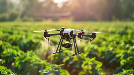 iot smart agriculture industry 4.0 concept. Agriculture drone flying to spray a water, fertilizer or chemical on the field.Technology innovation in agricultural industry, smart farming