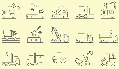 Thin line icons set of Heavy Equipment. Outline symbol collection. Editable vector stroke.
