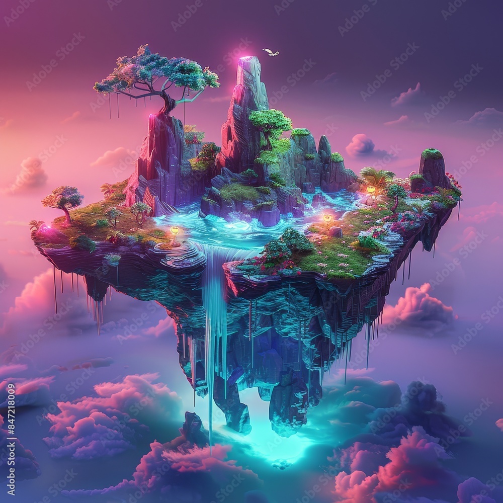 Poster floating island with waterfall and trees in a fantasy setting