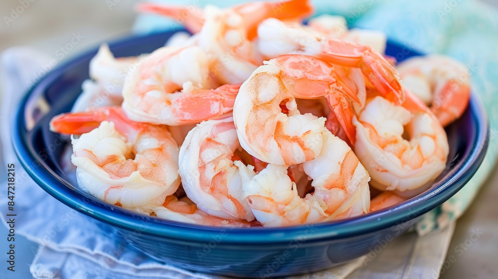 Wall mural Bowl of cooked shrimp on a table for a seafood meal