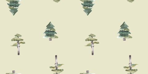 Fir Tree, spruce, pine watercolor seamless pattern illustration for kids. Nursery hand drawn green. For textile, fabric, wallpaper,
