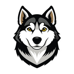 Naklejka premium Vector illustration of an Alaskan Malamute head with a happy expression and yellow eyes, isolated on a white background - detailed, high-quality cartoon style