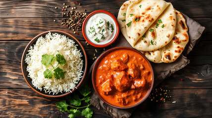 Traditional Indian dish Chicken tikka masala with spicy curry meat in bowl, basmati rice, bread naan, yoghurt raita sauce on rustic dark background, top view, close up. Indian style dinner from above