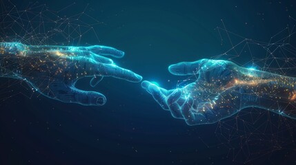 Abstract background of hands touching digital transformation virtual screen. Technology connection Dots and lines for futuristic cyber technology and network connection hyper realistic 