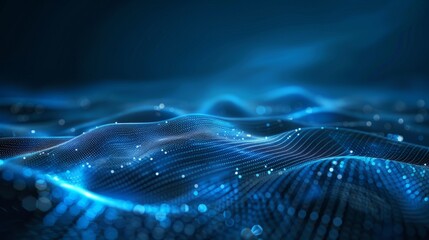 Abstract background with a blue digital mesh and dots on a dark background,blue wave data transfer futuristic technology concept. hyper realistic 