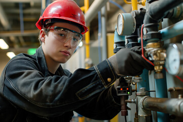 Young plumber repairing commercial plumbing system using manometer