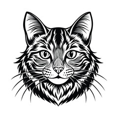 Obraz premium Detailed black and white vector illustration of an American Bobtail cat head portrait with intricate line art and realistic features, ideal for tattoos and graphic designs