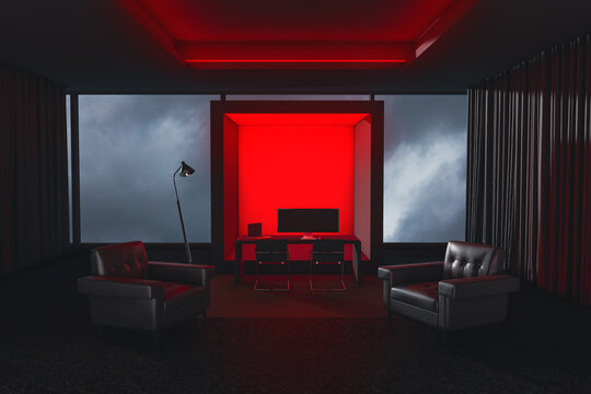 Modern gaming setup with red ambient lighting