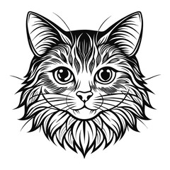 Obraz premium Intricate Chantilly Tiffany Cat Head Portrait - Detailed Black and White Vector Illustration of a Long-Haired Cat Face with Beautiful Eyes and Elegant Fur Patterns