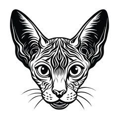 Intricate Black and White Vector Illustration of Cornish Rex Cat Head with Detailed Facial Patterns and Large Expressive Eyes