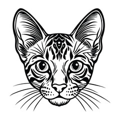 Intricate Ocicat Cat Head Portrait Vector. Detailed Black and White Line Art for Tattoos, Wall Art, and Graphic Design.