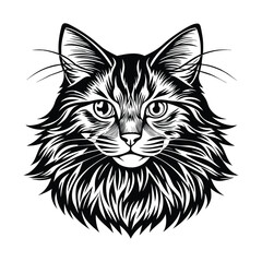 Obraz premium Detailed black and white vector illustration of a Maine Coon cat head with intricate fur patterns and intense gaze, ideal for tattoos, logos, and decorative designs