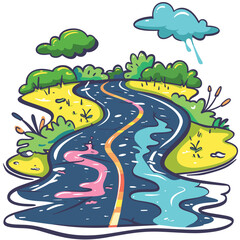 Winding road colorful cartoon illustration greenery clouds puddles vibrant scene digital art isolated white background. Wavy pathway surrounded flora rain puddle quirky design. Playful wet street