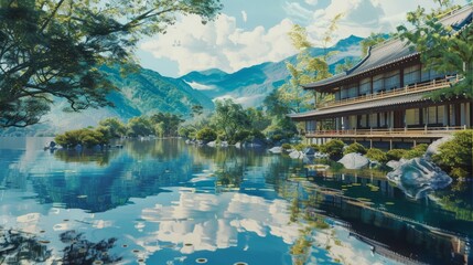 Artwork depicting serene landscapes of Japan. Generative AI hyper realistic 