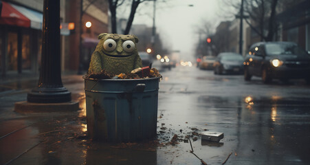 Green monster figurine sitting in a trash can on a rainy day in the city