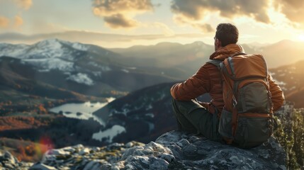 Back view of a man with a backpack sitting on a rock and looking at the landscape hyper realistic 