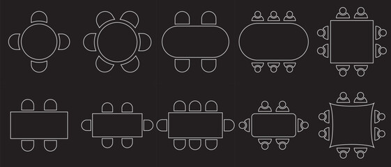 Table Seating Arrangement Icons for an Event - Clipart Outline. isolated on black background. Vector illustration.