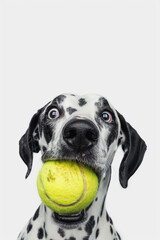 Funny Dalmatian with Tennis Ball in Mouth isolated on White Background - for Pet Promotions, Humor Content, and Animal-Themed Marketing Campaigns