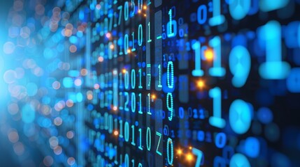 Blue digital binary data on computer screen background hyper realistic 