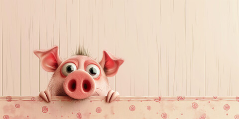 illustration funny surprised piglet peeks out from behind fence