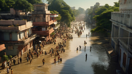 Flooded street scene in an indian city during the day
