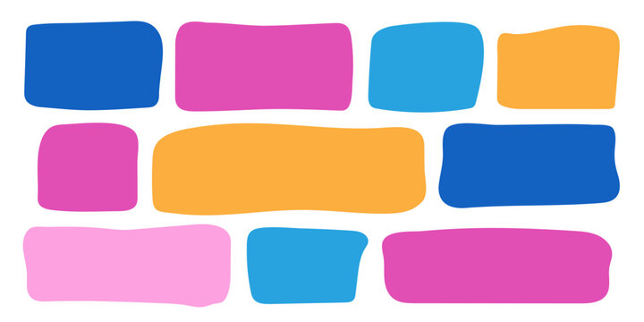 Drawn rectangle text box set. Colorful doodle abstract geometric frame. Empty highlight speech bubble. Blank kids simple textbox template collection. Abstract shapes isolated on white