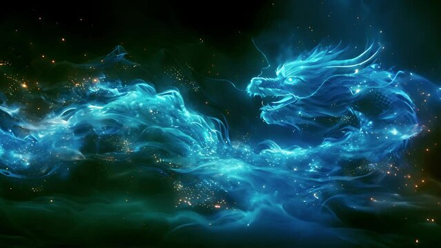 Chinese dragon blue lights. Abstract blue dragon head. 2024 animal Chinese symbol of the year. Fantasy magic neon glow light 4k video Asia