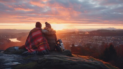 Obraz premium Couple enjoying sunset view from a hilltop, wrapped in a blanket, overlooking a beautiful landscape with a city below and sky full of colors