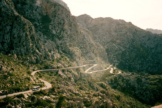 Film photo Winding Road Through Rugged Mountain Terrain. Mallorca
