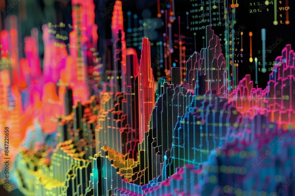 Poster big data visualisation with abstract financial chart showing numbers and statistics using modern des