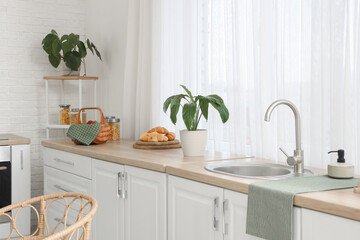 Interior of light kitchen with white counters and houseplants