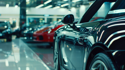 luxury car dealership showroom with multiple high-end sports cars on display