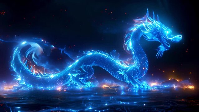 Chinese dragon blue lights. Abstract blue dragon head. 2024 animal Chinese symbol of the year. Fantasy magic neon glow light 4k video Asia