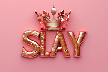 Glossy Gold "Slay" Text with Crown on Pink Background, Empowerment and Confidence Concept
