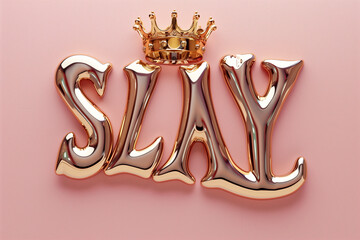 Glossy Gold "Slay" Text with Crown on Pink Background, Empowerment and Confidence Concept
