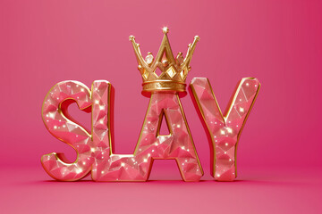 Glossy Gold "Slay" Text with Crown on Pink Background, Empowerment and Confidence Concept

