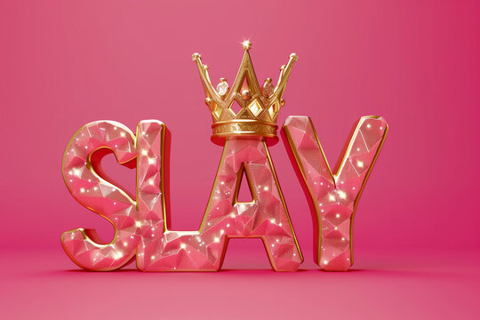 Glossy Gold "Slay" Text with Crown on Pink Background, Empowerment and Confidence Concept
