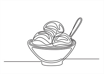 One continuous line drawing of ice cream in a bowl. Ice cream in plate freehand drawn silhouette illustration. Vector line art isolated on white
