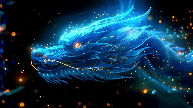 Chinese dragon blue lights. Abstract blue dragon head. 2024 animal Chinese symbol of the year. Fantasy magic neon glow light 4k video Asia