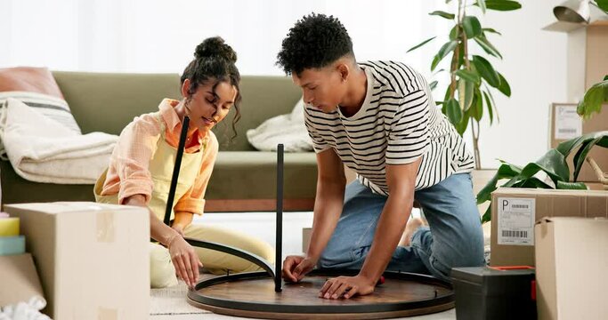 Couple, assemble table and move in to new home for renovations, relocation and furniture building. Relationship, man and woman together with boxes for bonding, support and partnership with love