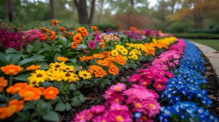 A colorful garden with a variety of flowers including yellow, pink, and blue