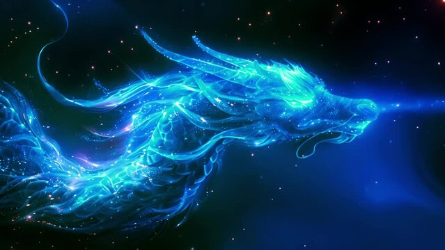 Chinese dragon blue lights. Abstract blue dragon head. 2024 animal Chinese symbol of the year. Fantasy magic neon glow light 4k video Asia