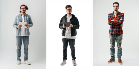 Software developer standing and using digital tablet in different poses
