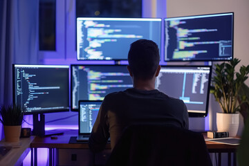 Software developer working late night programming and coding on multiple monitors